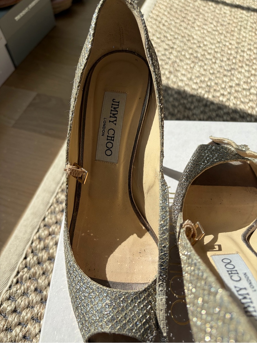Jimmy Choo Gold Glitter Peep-Toe Pumps with Ankle Strap